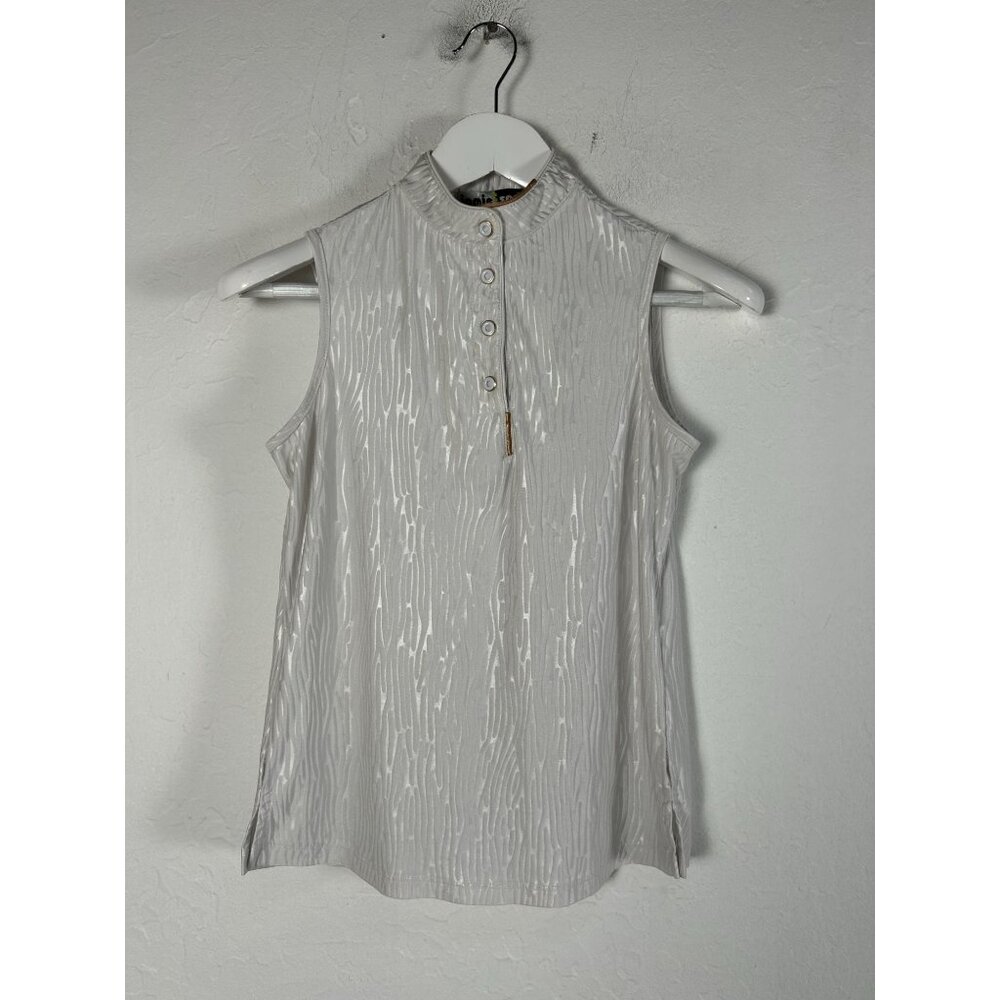 Jamie Sadock Sleeveless Mock Neck Metallic Textured Golf Top XS White Silver